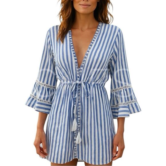 BLUE ISLAND Beach Coverup Blue/White Stripe Cinch Waist Tassel Tie Resort - Picture 1 of 8